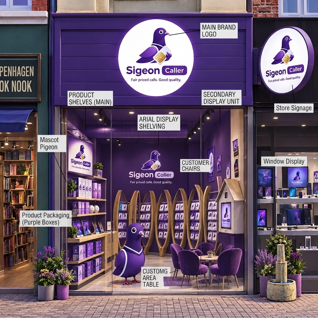 The Sigeon Caller flagship store with brand signage, product shelves in purple packaging, arial display shelving, customer chairs, a pigeon mascot, and a window display