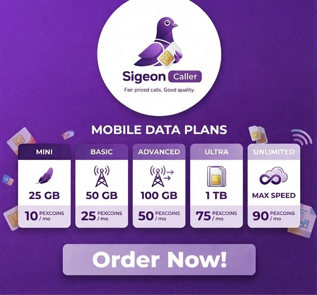 Sigeon Caller mobile data plans: Mini 25 GB, Basic 50 GB, Advanced 100 GB, Ultra 1 TB, and Unlimited max speed, with an Order Now button