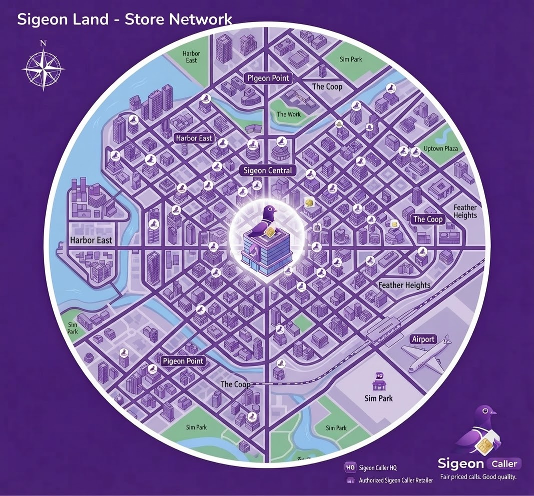 Illustrated map of Sigeon Land showing Sigeon Caller HQ at Sigeon Central and authorized retailer locations across districts like Pigeon Point, Harbor East, Feather Heights, and Sim Park