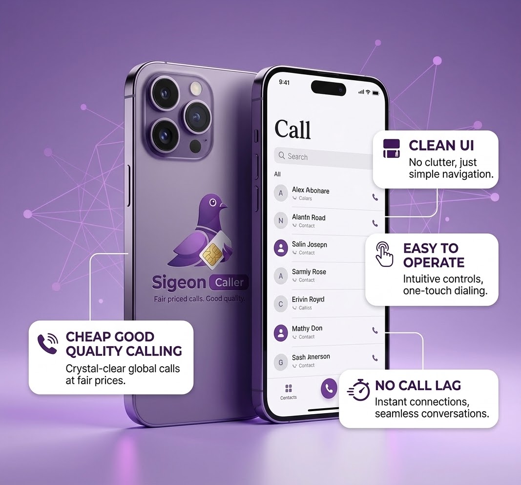 Sigeon Caller shown on an iPhone 15 Pro with calling benefits